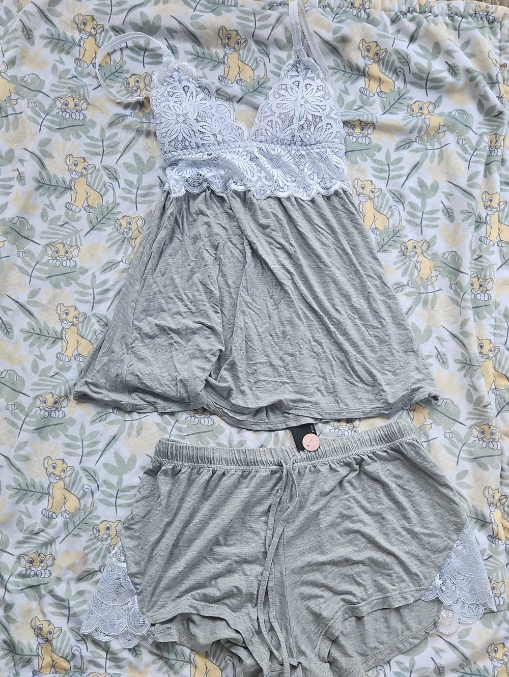 Youmita Light Gray Sleep Tank & Shorts Set with White Lace